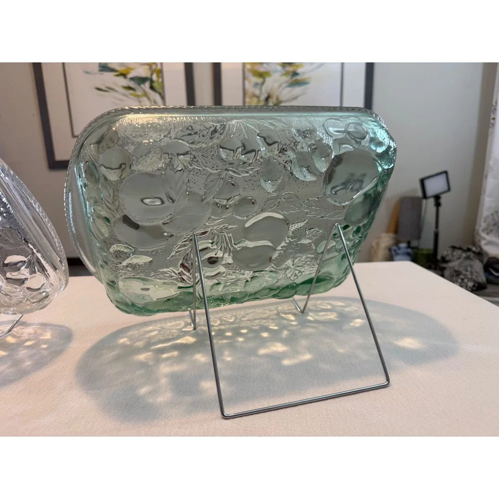 Vintage Libbey Orchard Fruit Baking Dish Set Clear Green Glass Oven Proof 2pc